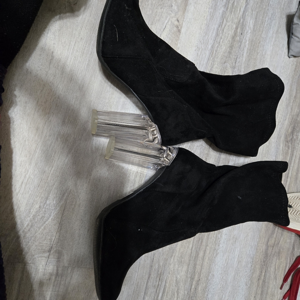 Chic Black Suede Boots with Clear Heels